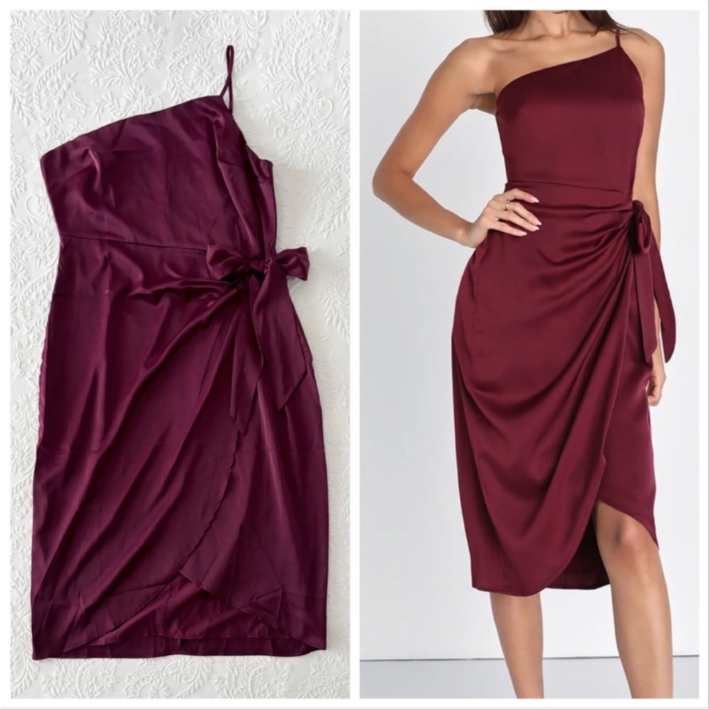 NWOT Lulus Meant to Be Together Wine Red Satin One-Shoulder Midi Dress Large